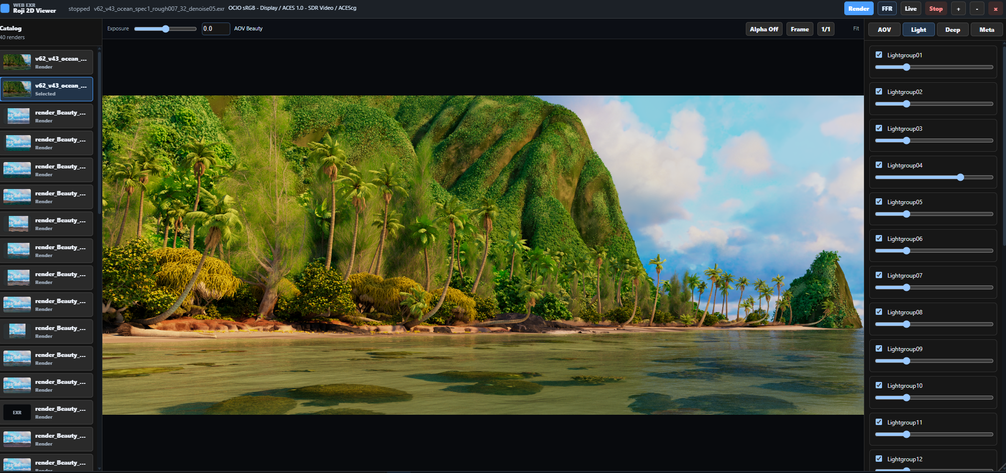 Roji Web EXR 2D Viewer with render catalog, denoised Moana Island Scene beauty preview, alpha control, and per-lightgroup relight sliders