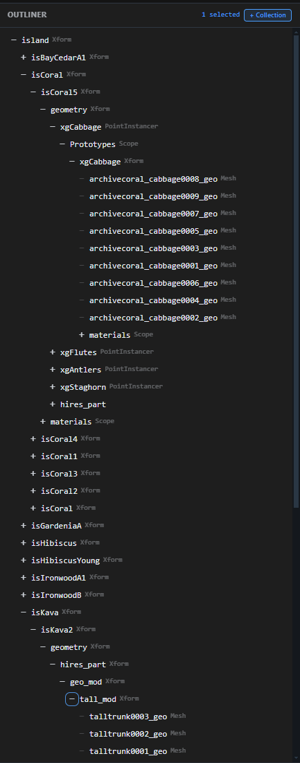 Roji Outliner capture showing a large Moana Island Scene USD hierarchy opened for lazy-loading inspection