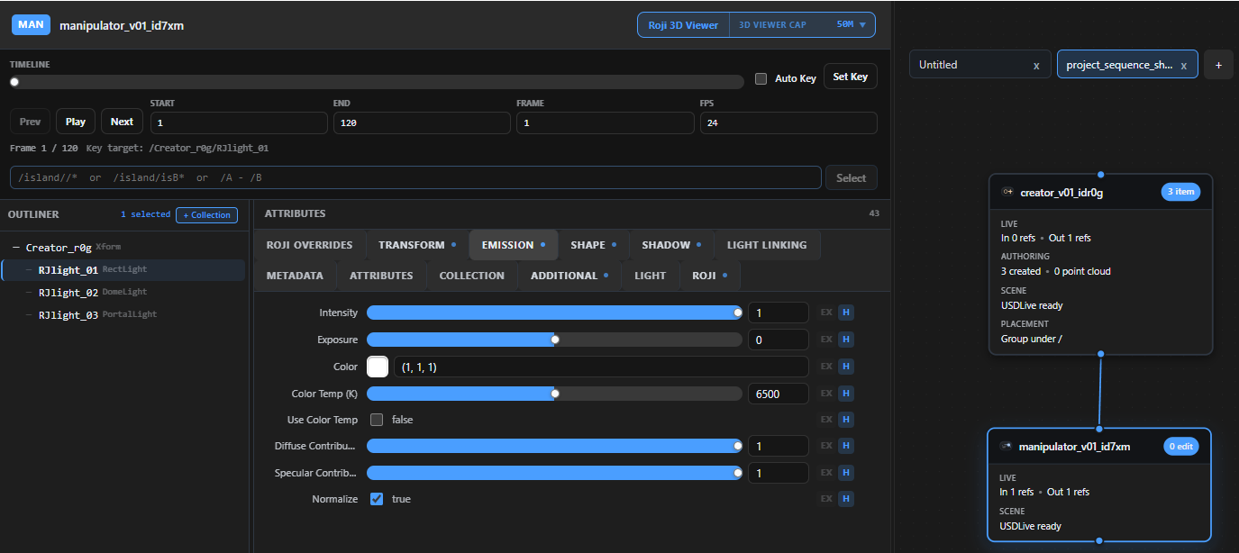 Roji lighting workflow with created USD lights and manipulator controls