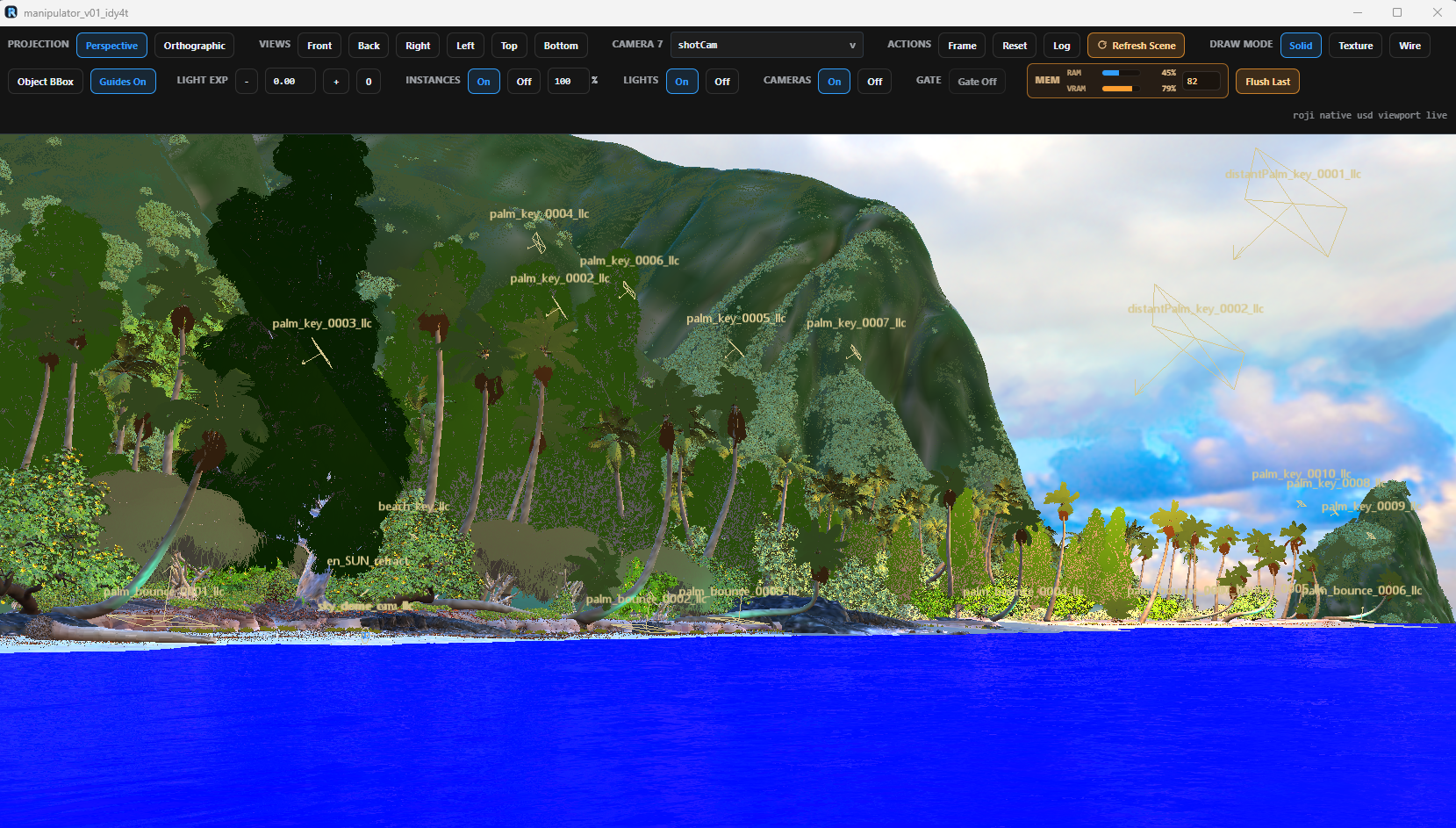 Moana Island Scene loaded live in Roji's 3D Viewer with labeled USD lights and palms